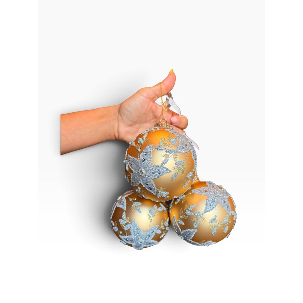 New set of 3 $45 each Bloomingdale's Gold Floral beaded Glass Ball Ornaments